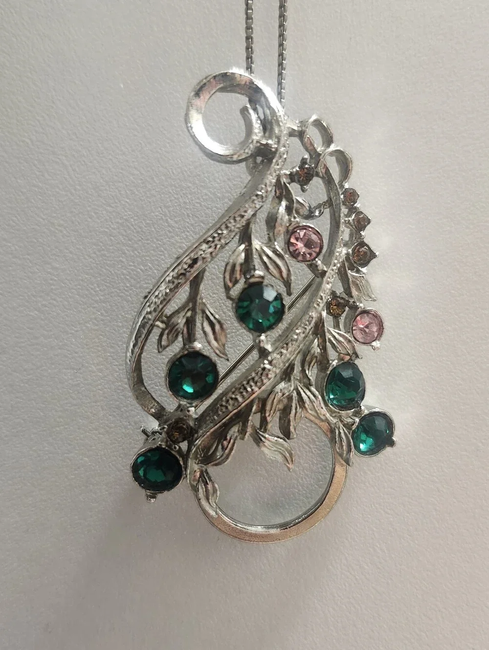 Vintage Flower Bouquet Brooch & Pendant Combo Silver Tone With Rhinestones MCM